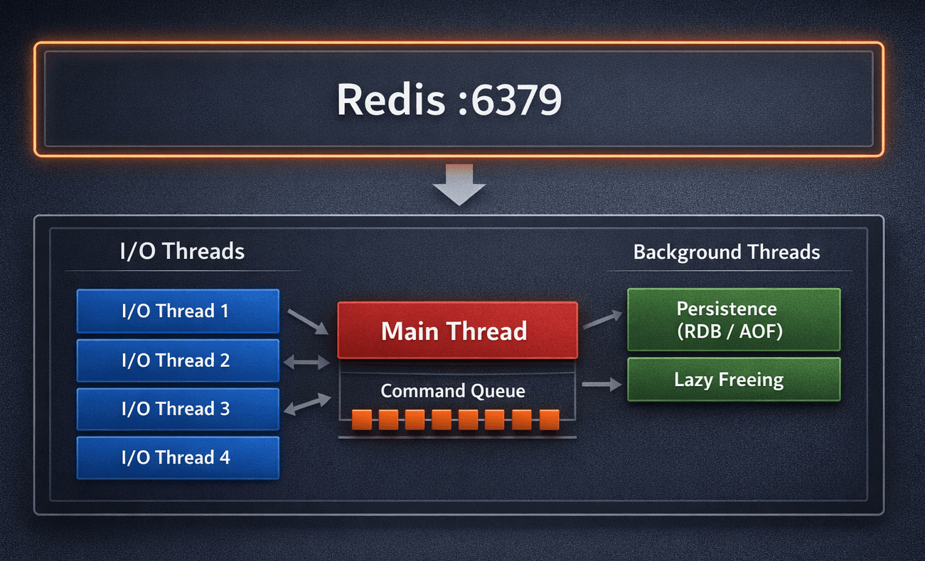 Diagram showing Redis is single-threaded on the outside, but multithreaded on the inside